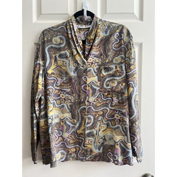 BILL BLASS Vintage 100% Silk Starry Nights Artsy Blouse Top - Picture 1 of 11